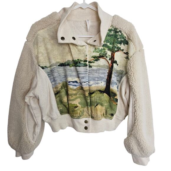 Anthropologie Daily Practice Faux Shearling Landscape Graphic Crop Jacket Sz XS - Picture 2 of 11